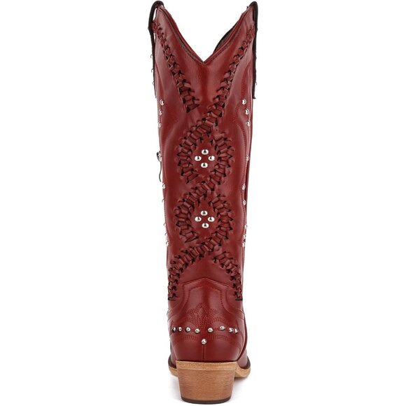 Women's Red Leather Embroidery Knee High Western Cowgirl Boots Lightweight - Picture 5 of 6